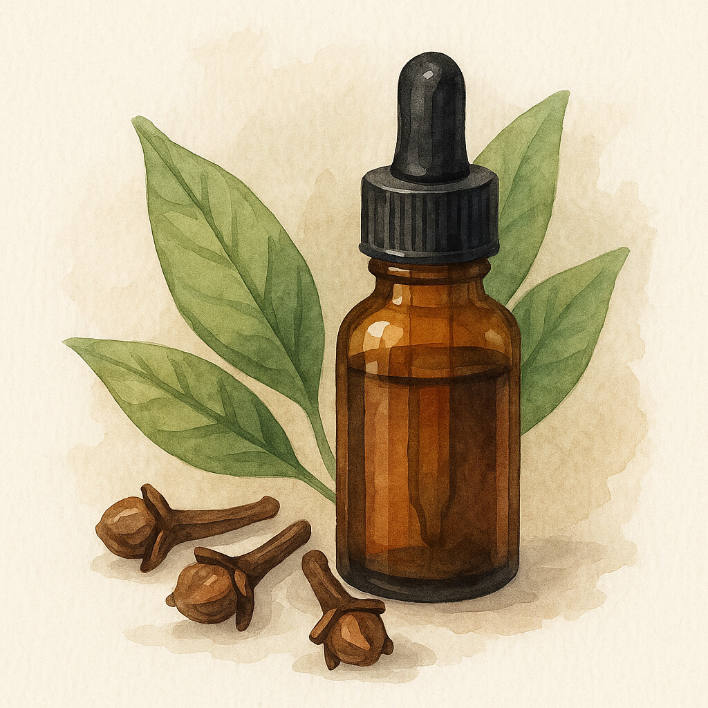 Flacon d’huile essentielle de clou de girofle et clous de girofle
