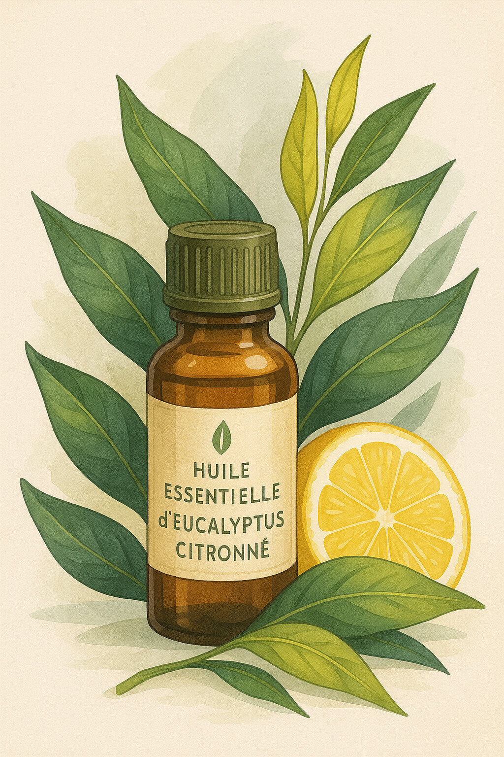 Feuilles d’eucalyptus citronné et flacon d’huile