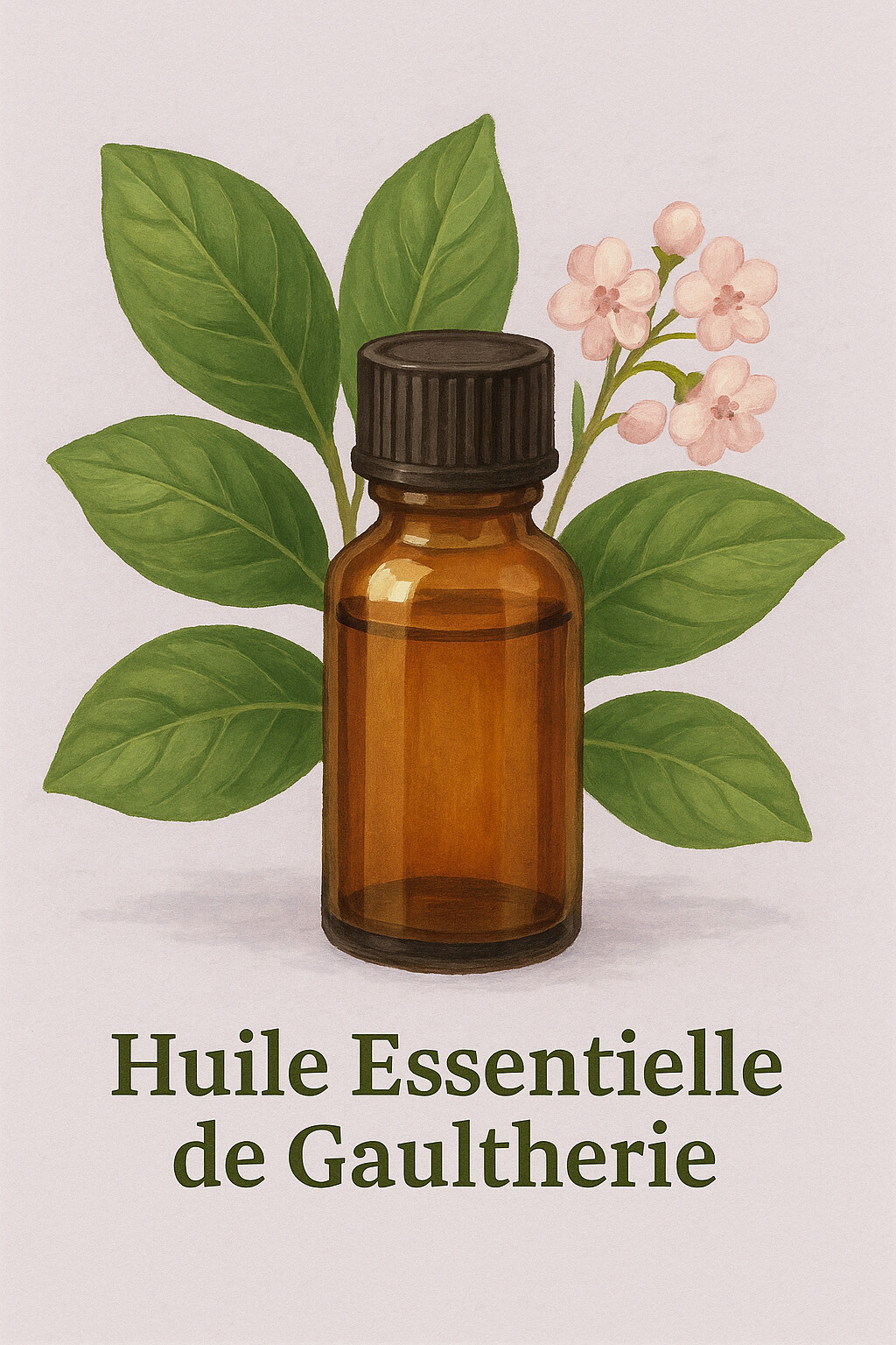 Illustration d’un flacon d’huile essentielle de gaulthérie avec des feuilles et des baies