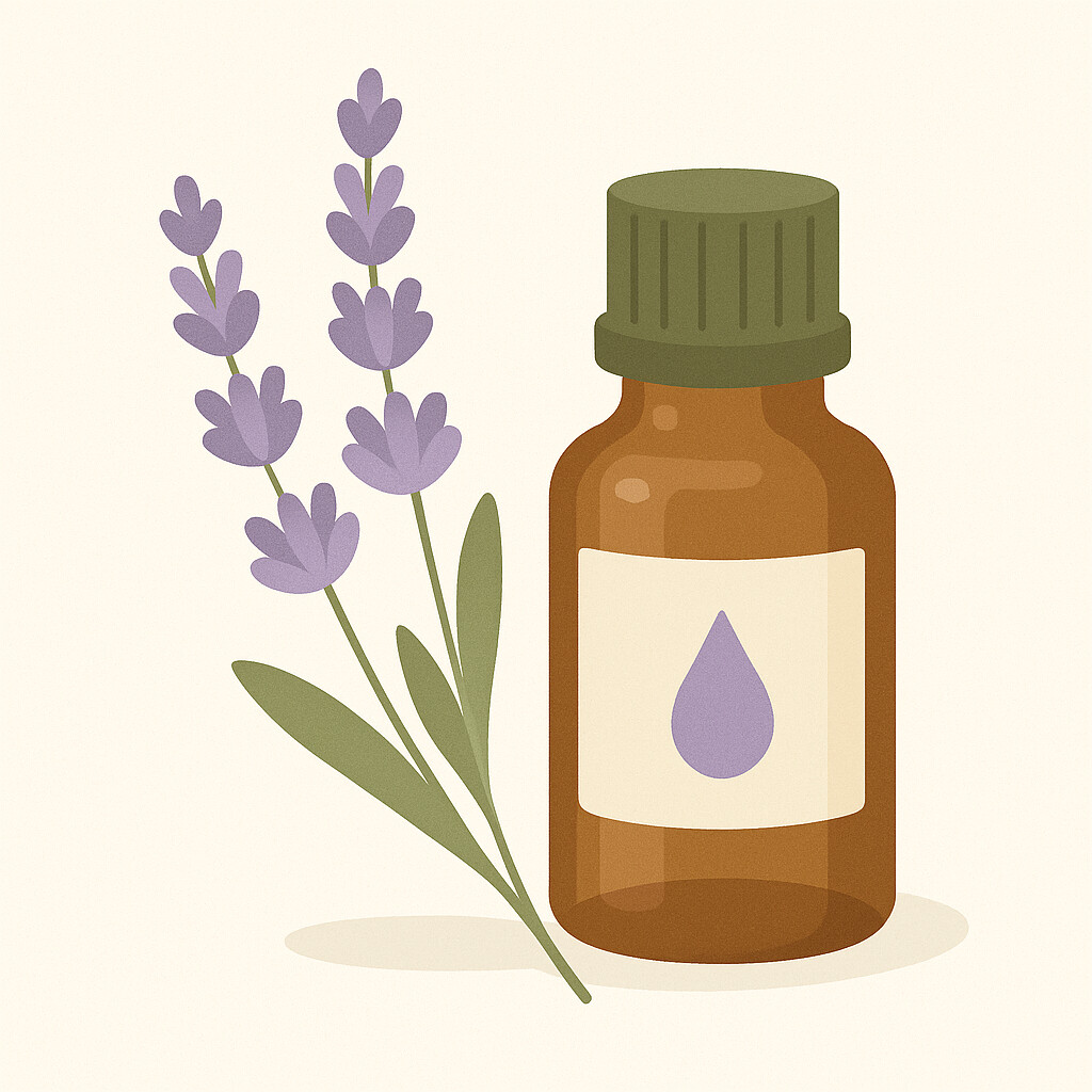 Illustration d’un flacon d’huile essentielle de lavande entouré de fleurs de lavande