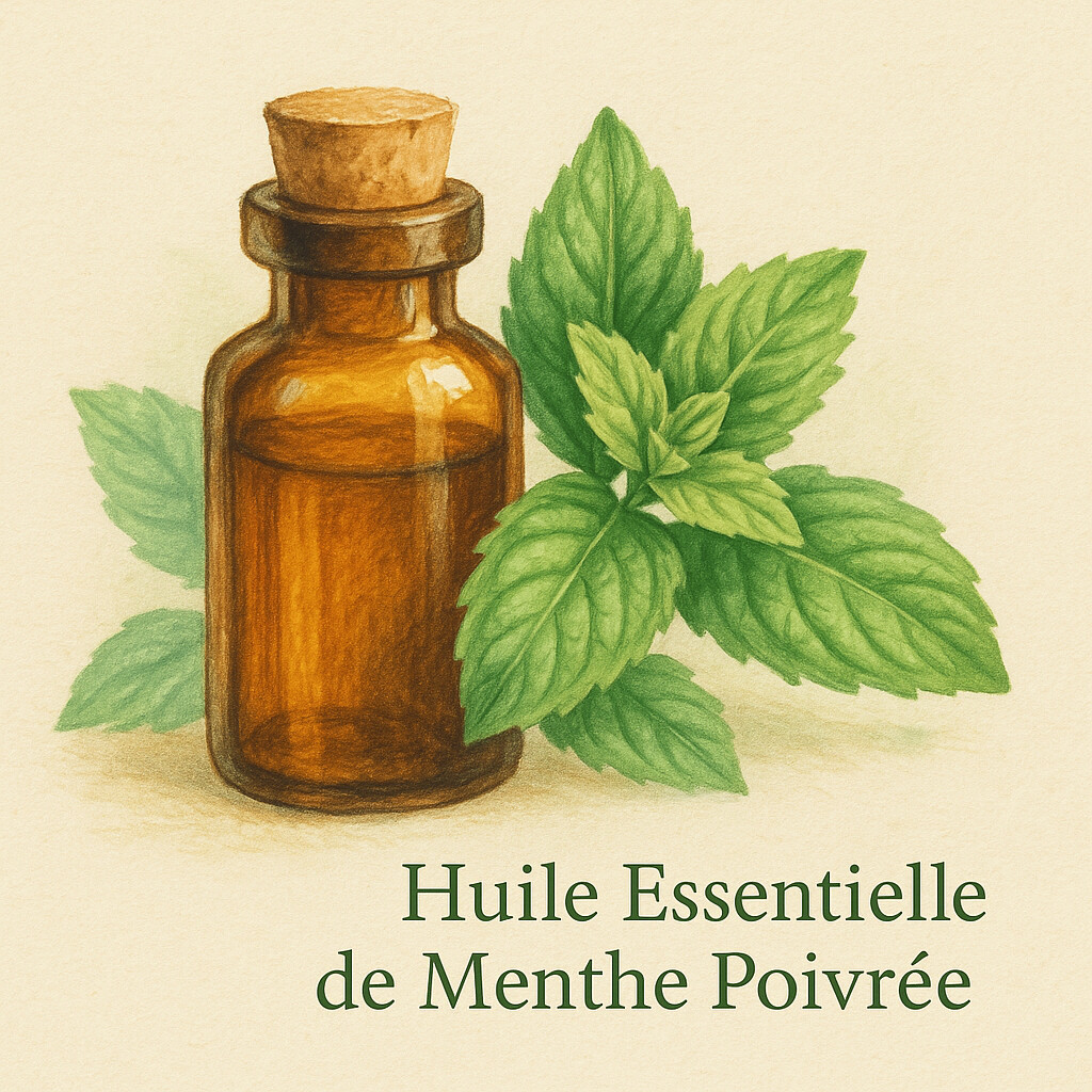 Flacon d’huile essentielle de menthe poivrée avec des feuilles de menthe