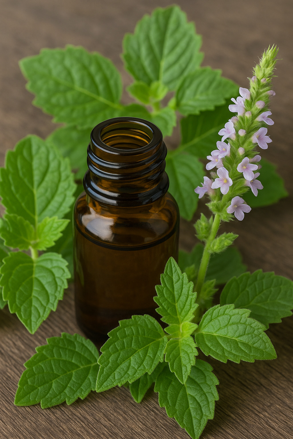 Feuilles de patchouli et flacon d’huile essentielle