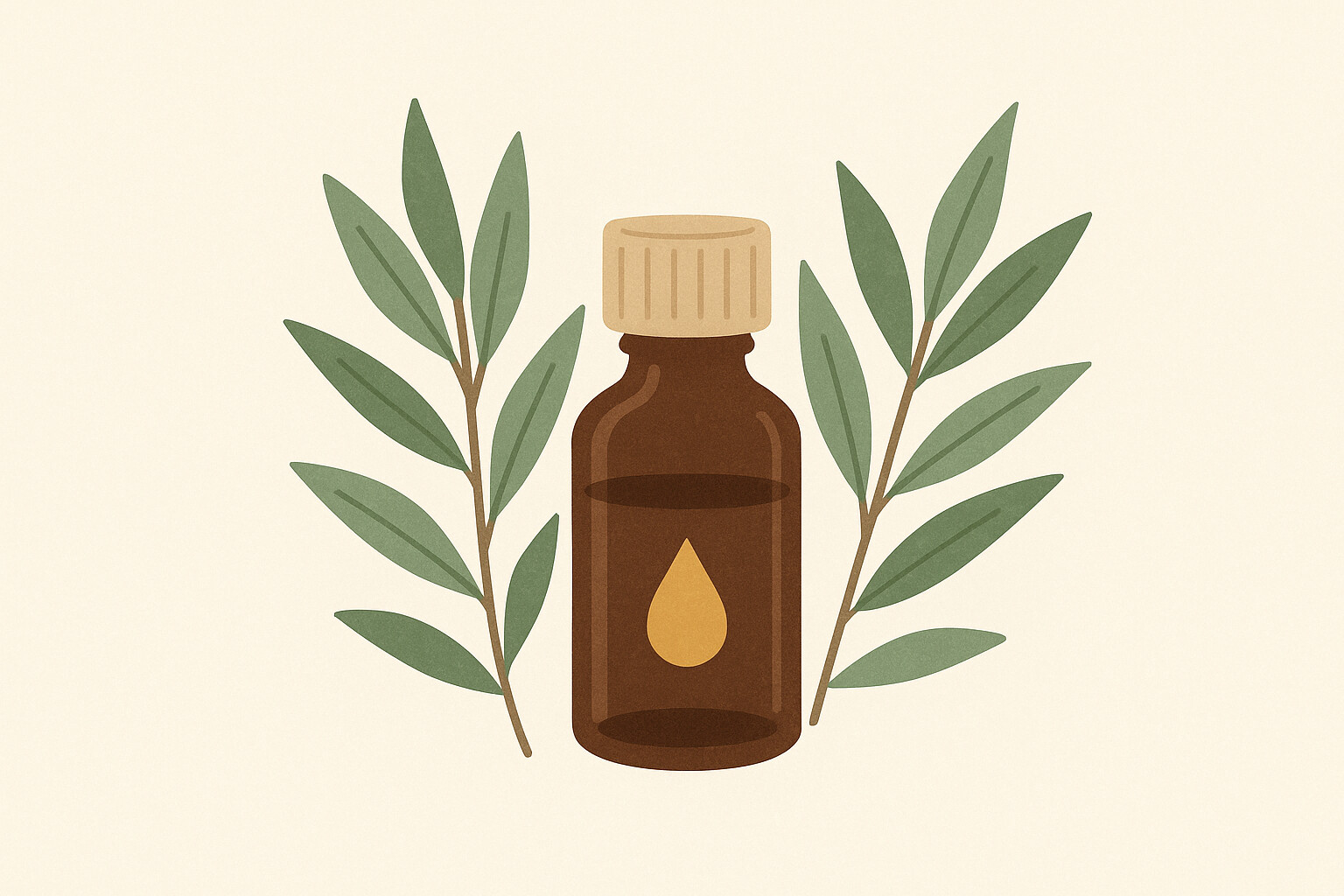 Illustration d’un flacon d’huile essentielle de tea tree entouré de feuilles de Melaleuca