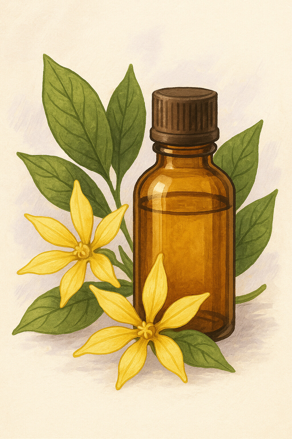 Flacon d’huile essentielle d’ylang‑ylang et fleurs jaunes